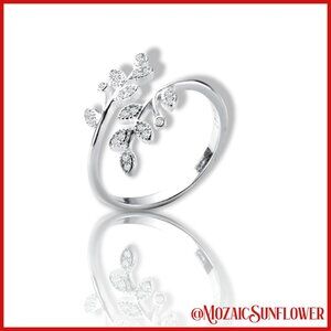 SILVER VINE WRAP SEMI ADJUSTABLE RING WHITE CZ INLAY